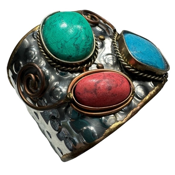 Navajo Inspired Three Stone Wide Cuff Silver Bracelet - Picture 1 of 10